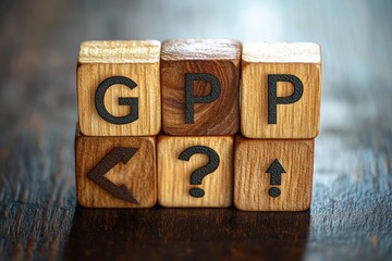 Close-up of stacked wooden blocks with letters G, P, P and symbols less than, question mark, and exclamation mark on a dark wooden surface, reflecting curiosity and inquiry