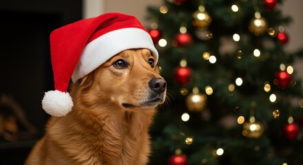 Photo of Golden Retriever Dog in Santa Hat by Christmas Tree