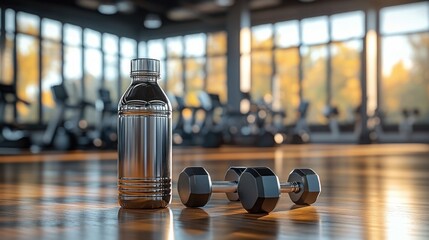 metal water bottle and pair of black hexagonal dumbbells on wooden gym floor with blurred exercise machines and large windows in background