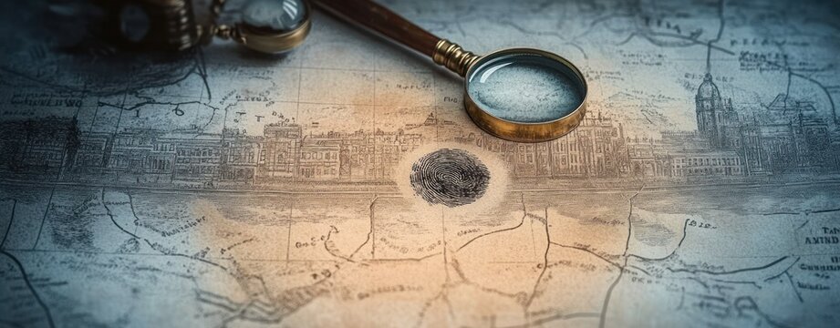Antique map with magnifying glass focusing on detailed fingerprint and cityscape drawing under soft lighting creating a vintage investigative mood