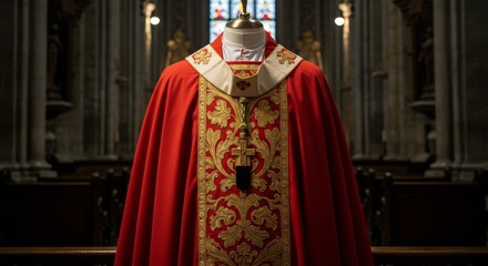 Obraz premium Photo of Red Chasuble With Gold Embroidery in Church