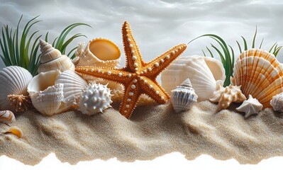 Collection of various seashells and a starfish on sandy beach with green sea grass under cloudy sky