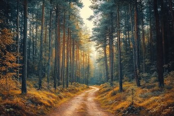 winding dirt path through tall pine trees in a serene forest with golden autumn foliage and soft sunlight filtering through the canopy