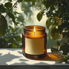 Lit amber glass candle jar on white surface surrounded by green leafy branches with soft natural light and shadows creating a calm and serene atmosphere
