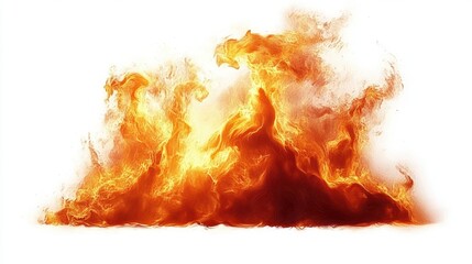 Bright orange and yellow flames forming the abstract shape of a phoenix rising from fire with wisps of smoke blending into white background