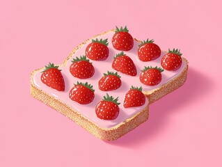 Two slices of bread with creamy spread topped with fresh whole strawberries on a pink background evoking freshness and sweetness