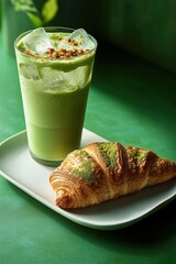 iced matcha latte topped with granola served alongside a croissant dusted with green matcha powder on a white plate against a green background