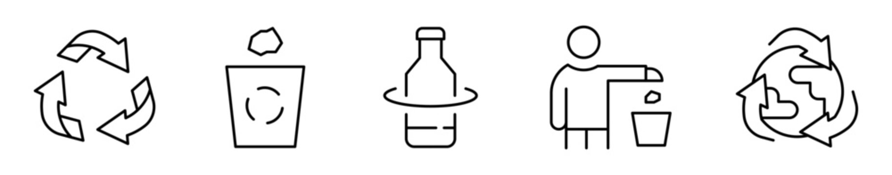 Conjunto de iconos de reciclaje. Reutilizaci&oacute;n, manejo de residuos y conciencia ecol&oacute;gica. S&iacute;mbolo reciclaje, bote de basura, reutilizable, acci&oacute;n ecol&oacute;gica, planeta sostenible. Ilustraci&oacute;n vectorial