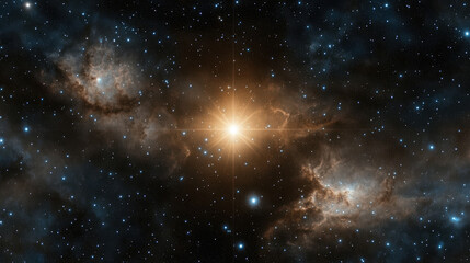 Naklejka premium Bright star cluster shines amidst cosmic clouds and distant stars, creating stunning celestial