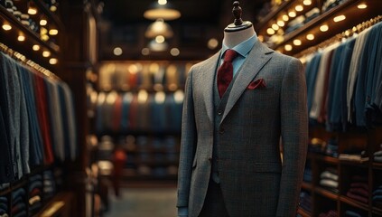 Elegant gray plaid three-piece suit with red tie and pocket square displayed on mannequin in warm, well-lit luxury menswear boutique