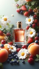 Clear glass perfume bottle surrounded by fresh strawberries, cherries, blueberries, peaches, daisies, and small white flowers creating a vibrant and fresh composition