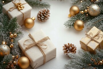 Festive arrangement with wrapped gifts tied with twine, pine cones, pine branches, and golden Christmas baubles on a soft snowy surface, evoking cozy holiday warmth