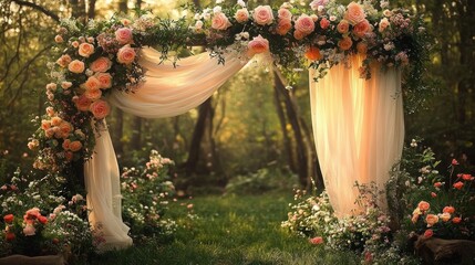 Beautiful floral arch decorated with peach roses and white flowers draped with light fabric in a sunlit forest setting