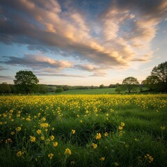 Obraz premium Photo of Scenic Yellow Wildflower Field at Sunset