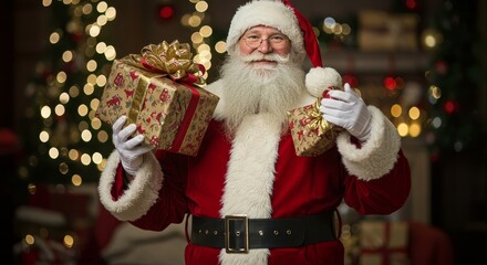 Photo of Santa Claus Holding Christmas Gifts in Festive Setting