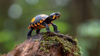 Turtle on Mossy Log in Nature