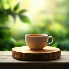 a cup of tea on a wooden podium with garden background