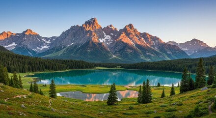 Photo of Serene Alpine Lake with Mountain Range at Sunset