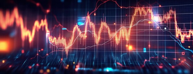 Bright fluctuating financial graph with glowing red and blue lines on a digital grid background representing dynamic market data and trading activity