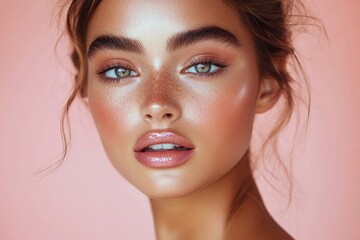 Fototapeta premium Close-up portrait of a young woman with flawless glowing skin, green eyes, full lips, natural freckles, and well-groomed eyebrows against a soft pink background