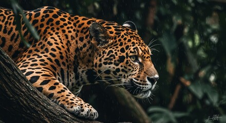 Naklejka premium Photo of Jaguar on Branch in Lush Rainforest