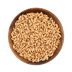 flat lay pile of spelt whole grain in wood bowl cutout