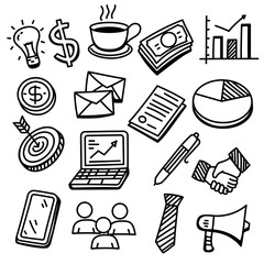 Set of business idea doodle illustration on a white background. Business doodle elements