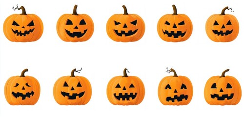 Set of ten different orange pumpkins with carved faces showing a variety of cheerful and spooky expressions on white background
