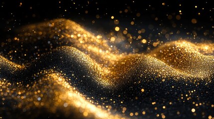 Close-up view of shimmering golden and black glitter particles forming soft, glowing wave-like patterns creating a sense of luxury and mystique