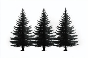 Obraz premium Three symmetrical dark pine trees with detailed branches evenly spaced on a white background conveying simplicity and balance
