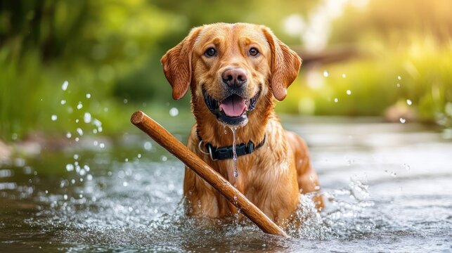 Happy fox red Labrador Retriever playing fetch in a creek, summer sun