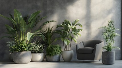 Fototapeta premium Interior scene with various potted plants and a dark armchair.