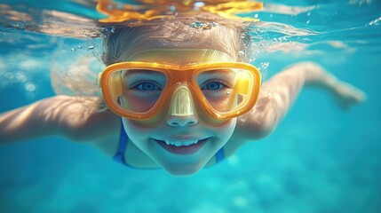 Fototapeta premium smiling child swimming underwater wearing large orange snorkeling goggles in clear blue water