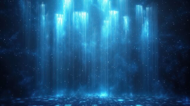 Futuristic blue digital light beams cascading down over a dark starry background with glowing particles and a reflective matrix floor, evoking a sense of technological wonder - Powered by Adobe