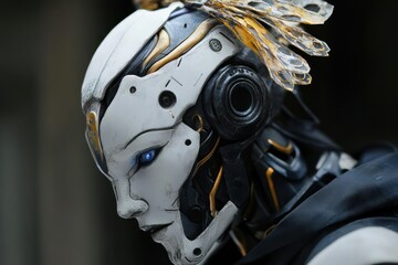 Fototapeta premium Advanced humanoid robot with intricate details and glowing eyes.