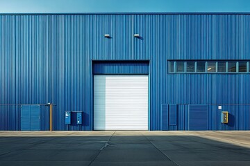 Obraz premium Exterior of a large blue industrial warehouse with a closed white rolling door, small blue doors, windows, and a clear sky above