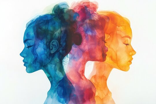 Three overlapping watercolor female profiles in blue, red, and orange hues expressing calm and introspection