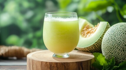 a glass of green melon juice on a wooden podium