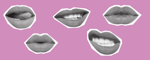 Pink Halftone Lips Collage, Vector Illustration.