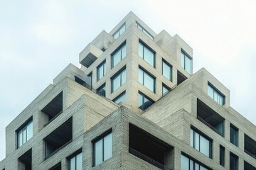 Modern cubic concrete building with multiple stacked rectangular balconies and large windows under overcast sky