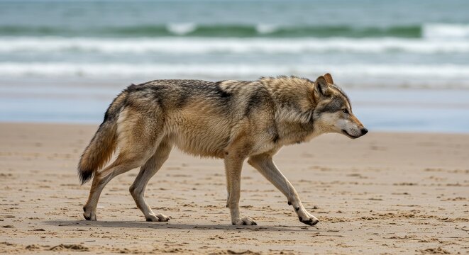Photo of Wild Wolf Walking on Sandy Beach