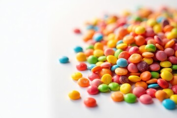 Pile of colorful candy and chips on white background, fast food, colorful