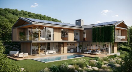 Modern luxury home with solar panels, pool, and eco-friendly features in a natural landscape, house concept.