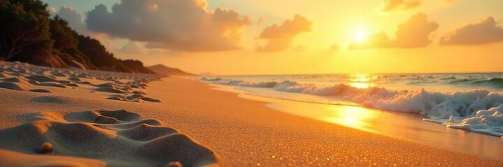 Golden hour sun rays illuminate a sandy beach, warming the sand and creating a tranquil summer scene  Perfect for travel, vacation, and summer themes , summer, texture