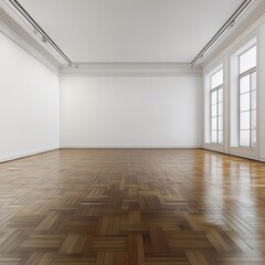 Fototapeta premium Empty gallery room with hardwood floors, white walls, crown molding, and large windows