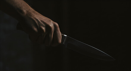 Fototapeta premium Shadowy Hand Holding Kitchen Knife, Dramatic Low-Key Lighting