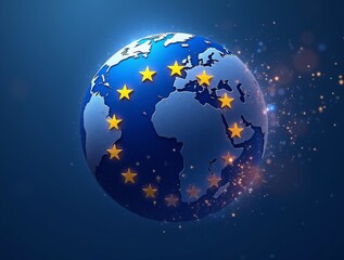 A dynamic motion graphic animation concept of the European Union flag transforming into a globe, illustrating global influence and international cooperation