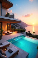 Fototapeta premium Luxury holiday villa with private pool and stunning ocean views Enjoy breathtaking sunsets and serene outdoor living spaces, perfect for a relaxing getaway , paradise, landscaping, balcony