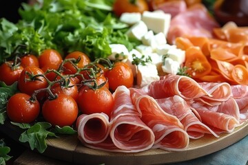 Fresh assortment of cherry tomatoes on vine, leafy greens, rolled cured meat slices, cubed white cheese, and thinly sliced orange vegetables on a wooden platter