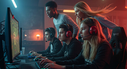 Obraz premium Competitive Esports Team Intense Gaming Session Strategy, Teamwork, and Victory